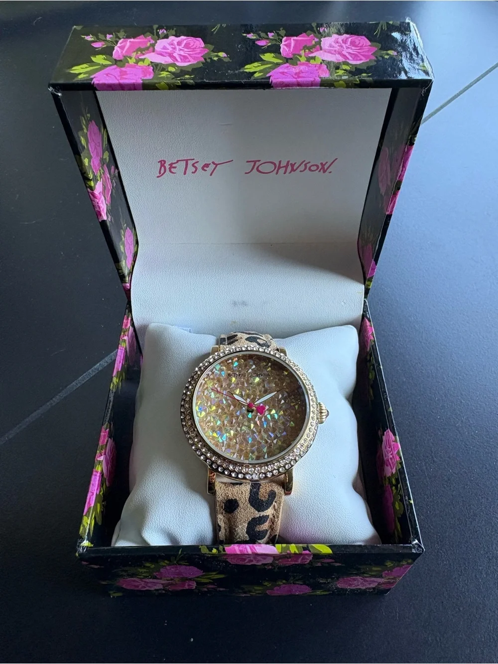 Betsey Johnson Gold Crystal Dial Watch with Leopard Print Strap